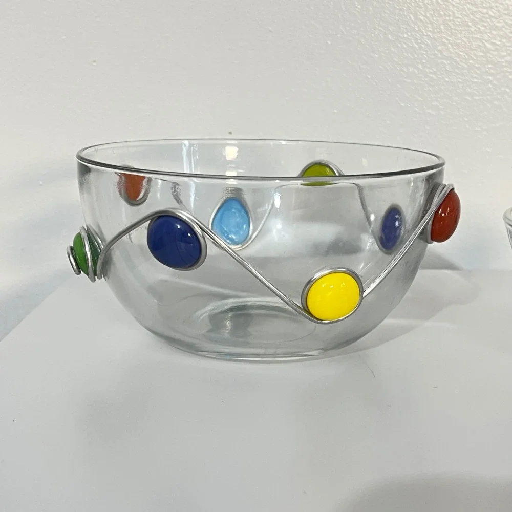 Set of 2 ARC FRANCE‎ Clear Glass Bowls Swirl Wire Colorful Gem Accent
